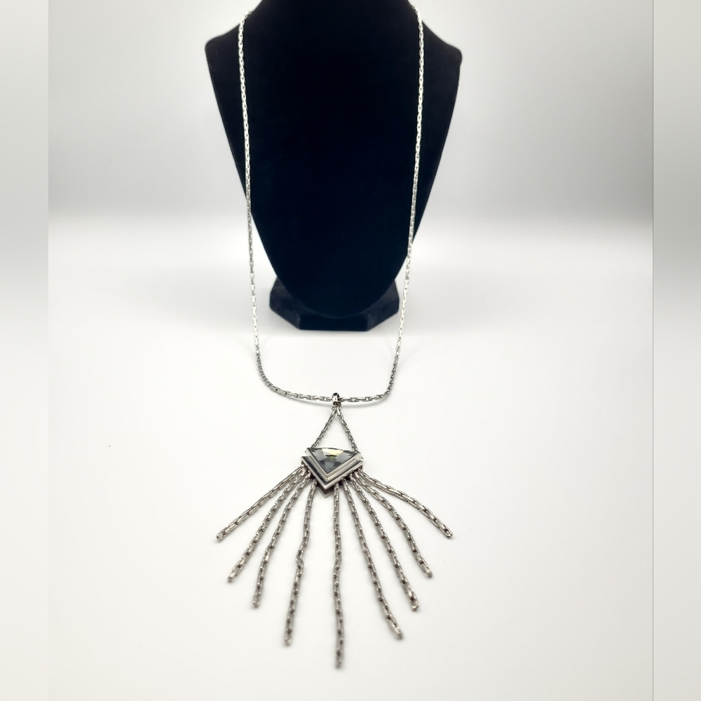 Tocara Silver Tone Fringe Necklace Geometric Crystal Statement Pendant